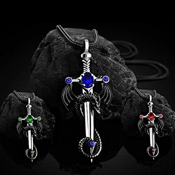 Gothic Dragon Sword Cross Pendant Necklace Punk Zircon Vintage Dark Jewelry - Picture 5 of 5